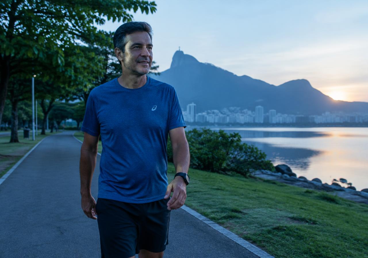 Homem caminhando ao amanhecer